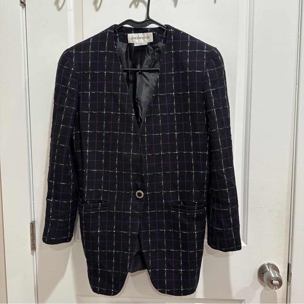 Jones New York Black and Purple Plaid Blazer